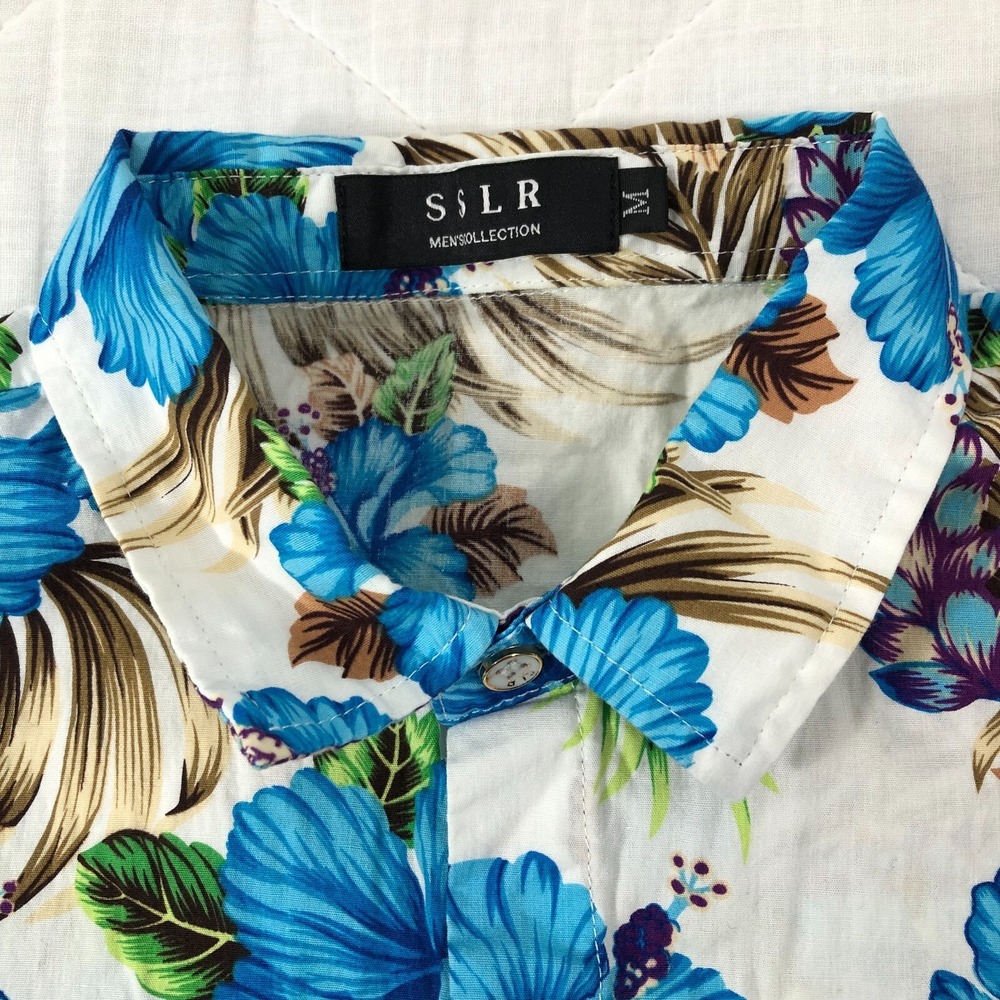 SSLR Hawaiian Shirt Men Medium White Blue Hibiscus Tropical Floral Cotton Button